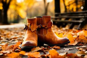 un' rustico paio di caviglia stivali circondato di caduto le foglie cattura il essenza di autunno moda tendenze foto