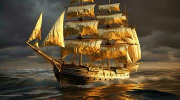 d'oro barca nave con piazza vele su lusso astratto onda arte sfondo nel oro linea arte stile. generativo ai foto