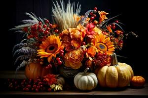 un' rustico zucca preparativi in mostra il vivace colori e abbondante raccogliere di un' rurale autunno Festival foto