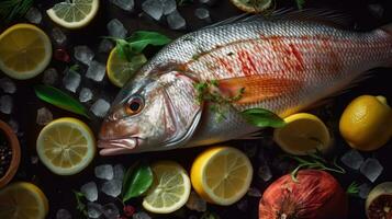superiore Visualizza di fresco dentice preparazione con Limone e verdure su Ghiaccio. dentice pesce. generativo ai foto