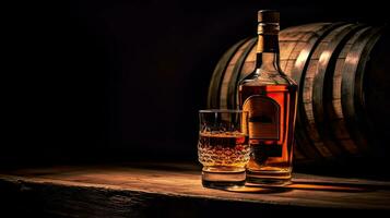 scotch whisky bottiglia con bicchiere di whisky e vecchio di legno botte. generativo ai foto
