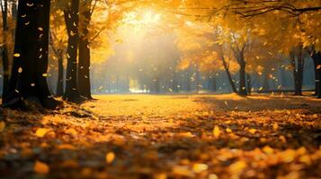 autunno parco con giallo alberi e caduto le foglie. bellissimo natura sfondo foto