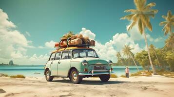 Vintage ▾ auto su il spiaggia con palma alberi foto