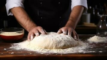 il processi di preparazione Impasto nel il cucina. avvicinamento di maschio mani impasto Impasto su di legno tavolo foto