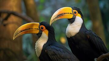 Due grande bucero coraciiformes bucero uccello. generativo ai foto