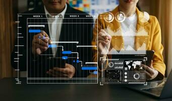 uomo d'affari mano progetto manager Lavorando e aggiornare compiti e gantt grafico programmazione virtuale diagramma.con inteligente Telefono, tavoletta e il computer portatile foto