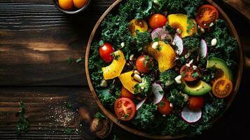 colorato cavolo insalata servito nel un' di legno ciotola, superiore Visualizza, generativo ai foto