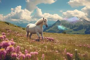 un' unicorno, bianca unicorno in esecuzione nel sogni fiori. generativo ai foto