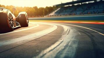 asfalto di il internazionale gara traccia con un' gara auto a il inizio. da corsa auto a alto velocità. il motore gli sport competitivo squadra da corsa. generativo ai foto