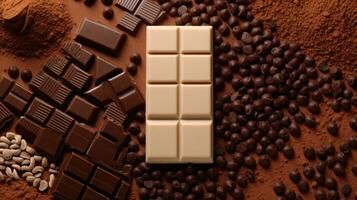 superiore Visualizza di composizione di barre e pezzi di diverso latte e buio cioccolato, grattugiato cacao su un' Marrone sfondo. generativo ai foto