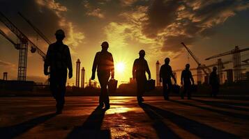 silhouette di un' squadra di ingegneri camminare per ispezionare il infrastruttura a costruzione luogo. generativo ai foto