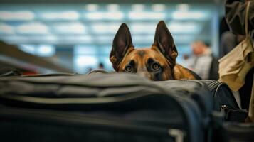 un' k9 polizia cane annusa aeroporto bagaglio. polizia cane. annusare cane. generativo ai foto