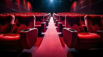 vuoto confortevole rosso posti a sedere nel cinema. film. generativo ai foto