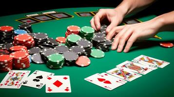 Giocatori mani hold carte giocare poker, verde tavolo, casinò patatine fritte. divertimento vacanza a ricorrere. ai generato. foto