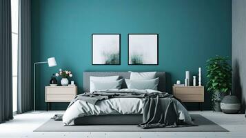 moderno pulito contemporaneo bianca e blu Camera da letto interno disegno, ai generato foto