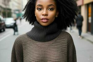 bellissimo donna nel un' maglione su il strada. professionista foto