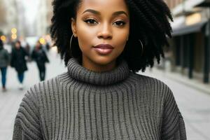 bellissimo donna nel un' maglione su il strada. professionista foto