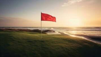 rosso bandiera a il bellissimo golf corso a il oceano lato a tramonto. generativo ai foto