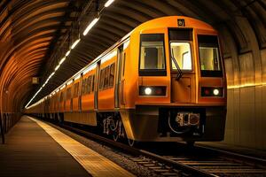 moderno elettrico treno nel metropolitana tunnel. treno tecnologiae mezzi di trasporto concetto. generativo ai foto