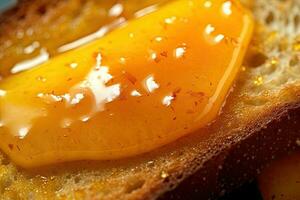 Mango pane abbrustolito, macro tiro di un' fresco prima colazione con gocciolante Miele, ai generato foto