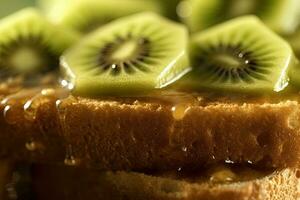 kiwi pane abbrustolito, macro tiro di un' fresco prima colazione con gocciolante Miele, ai generato foto