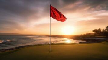 rosso bandiera a il bellissimo golf corso a il oceano lato a tramonto. generativo ai foto