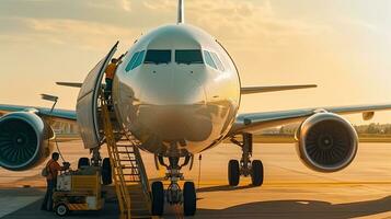 aeroporto aereo equipaggio rifornimento carburante aereo su linea aerea di tecnico personale Manutenzione terra. riparazione di aereo servizio lavoratore uso carburante tubo flessibile su aereo ala, su scale. generativo ai foto