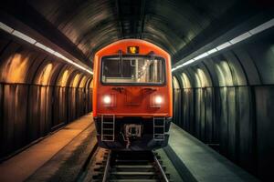 moderno elettrico treno nel metropolitana tunnel. treno tecnologiae mezzi di trasporto concetto. generativo ai foto