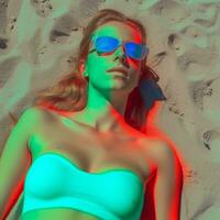 anaglifo stile ritratto di un' prendere il sole donna su un' spiaggia generativo ai foto