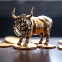 avvicinamento di un' bitcoin con un' Toro generativo ai foto