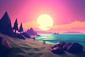 low-poly crepuscolo beachscape sfondo generativo ai foto