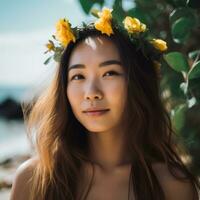 ritratto di un asiatico donna su tropicale spiaggia generativo ai foto