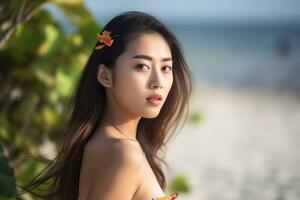 ritratto di un asiatico donna su tropicale spiaggia generativo ai foto