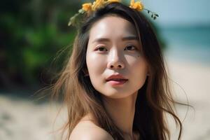 ritratto di un asiatico donna su tropicale spiaggia generativo ai foto