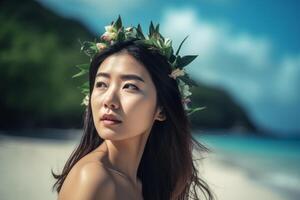 ritratto di un asiatico donna su tropicale spiaggia generativo ai foto