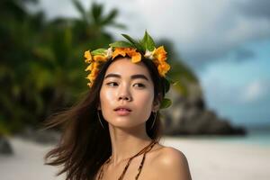 ritratto di un asiatico donna su tropicale spiaggia generativo ai foto