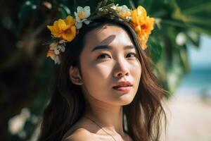 ritratto di un asiatico donna su tropicale spiaggia generativo ai foto