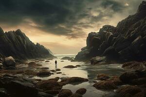 un' uomo in piedi su il rocce vicino il oceano generativo ai foto
