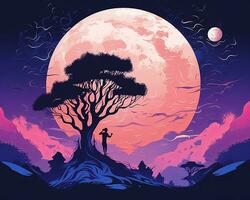 un' uomo sta sotto un' albero nel davanti di un' pieno Luna generativo ai foto