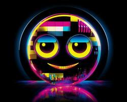 un' neon smiley viso con raggiante occhi su un' nero sfondo generativo ai foto