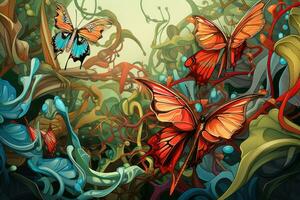un' pittura di farfalle e impianti nel un' giungla generativo ai foto