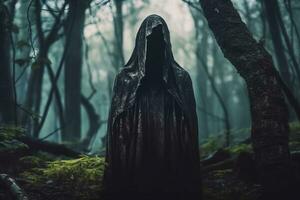 un' persona nel un' incappucciato accappatoio in piedi nel il mezzo di un' buio foresta generativo ai foto