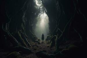 un' persona in piedi nel il mezzo di un' buio foresta generativo ai foto