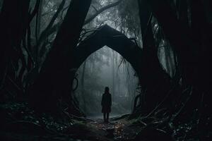 un' persona in piedi nel davanti di un arcata nel un' buio foresta generativo ai foto