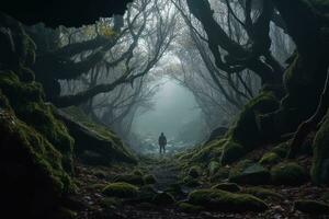 un' persona in piedi nel il mezzo di un' buio foresta generativo ai foto