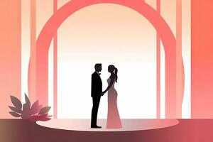 un' silhouette di un' sposa e sposo in piedi nel davanti di un arco generativo ai foto