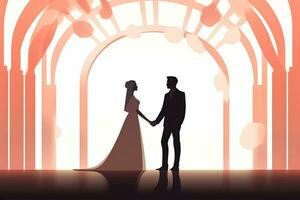 un' silhouette di un' sposa e sposo in piedi nel davanti di un arco generativo ai foto