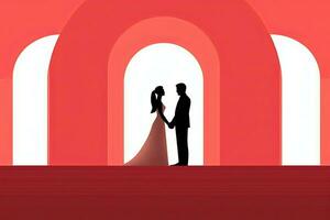 un' silhouette di un' sposa e sposo in piedi nel davanti di un' rosso arco generativo ai foto