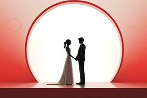 un' silhouette di un' sposa e sposo in piedi nel davanti di un Aperto porta generativo ai foto