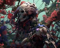 un' scheletro è circondato di fiori nel un' foresta generativo ai foto